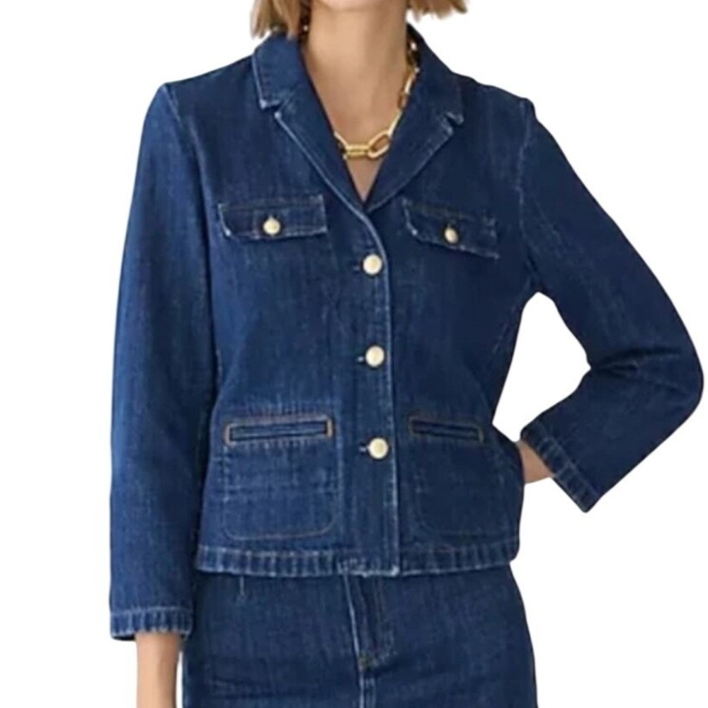 J.Crew Denim Blazer Womens 6 Jacket Navy Blue Resin Wash Gold Crest Buttons